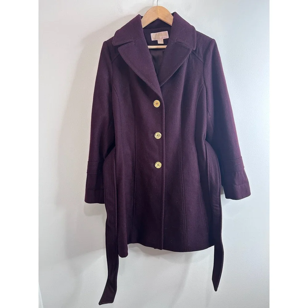 Michael Kors Plum Purple Wool Blend Belted Trench Pea Coat Sz 12 Gold‎ Buttons